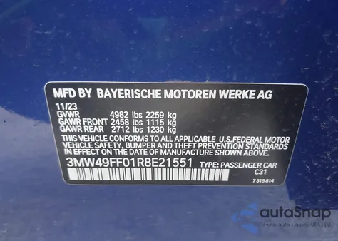 2024 BMW M340I M340I xDrive z USA, uszkodzony, nr VIN 3MW49FF01R8E21551